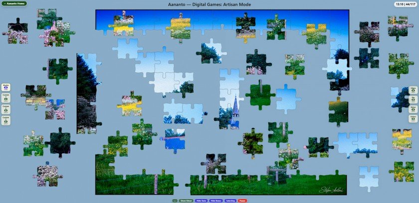 Full-screen Artisan Jigsaw tabletop showing loose pieces, joined clusters, eight Sorting Boxes and compact controls.
