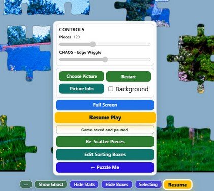 Artisan Jigsaw lift-up controls showing piece and edge-wiggle settings, Resume Play, saved-game status, Full Screen, Re-Scatter Pieces, Edit Sorting Boxes and Puzzle Me.