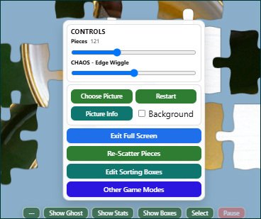 Artisan Jigsaw Controls Artisan Jigsaw controls showing piece count, chaos, picture, restart, background, sorting boxes and other game modes