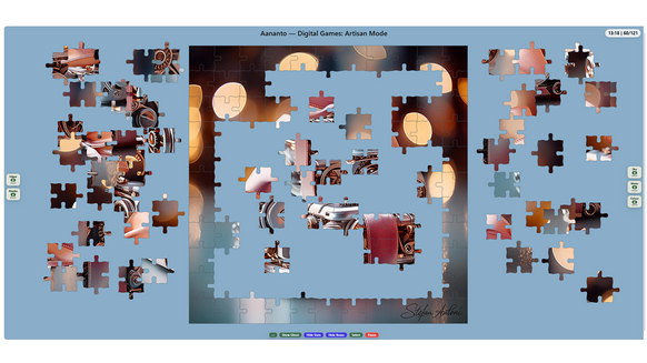 Artisan Jigsaw tabletop puzzle example by Aananto Example of the Aananto Artisan Jigsaw with loose shaped pieces, open tabletop space and partially joined clusters