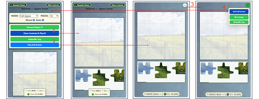 Mobile and Small Screen Controls Views Mobile and small screen controls - Controls Visible | Controls Hidden | Full Screen (3-dot mini controls-closed) | Full Screen (mini-controls open)