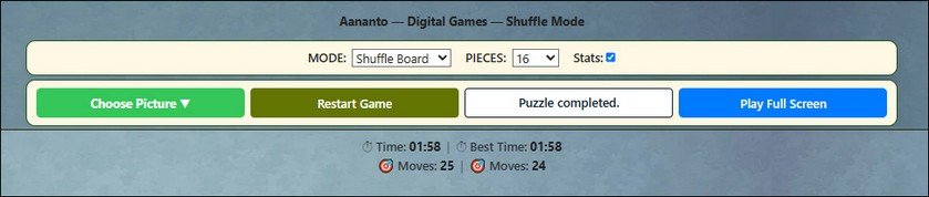 SHUFFLE BOARD – CONTROLS: After completing the puzzle SHUFFLE BOARD – CONTROLS: Choose Picture | Restart Game | Puzzle completed. | Play Full Screen