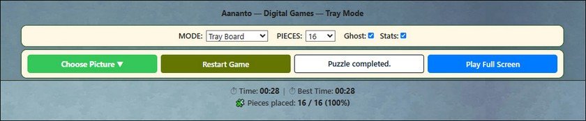 TRAY BOARD CONTROLS: After completing the puzzle TRAY BOARD CONTROLS: Choose Picture | Restart Game | Puzzle completed. | Reshuffle Tray | Play Full Screen