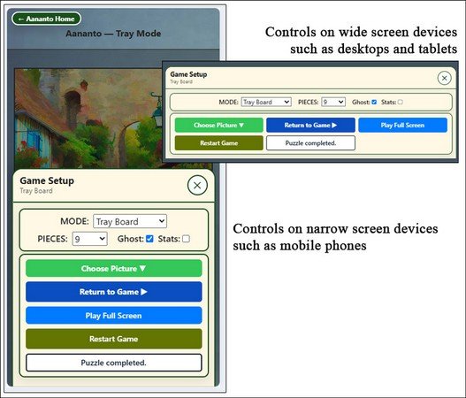 TRAY BOARD CONTROLS - Choose Picture | Return to Game | Play Full Screen | Restart Game | Puzzle Completed